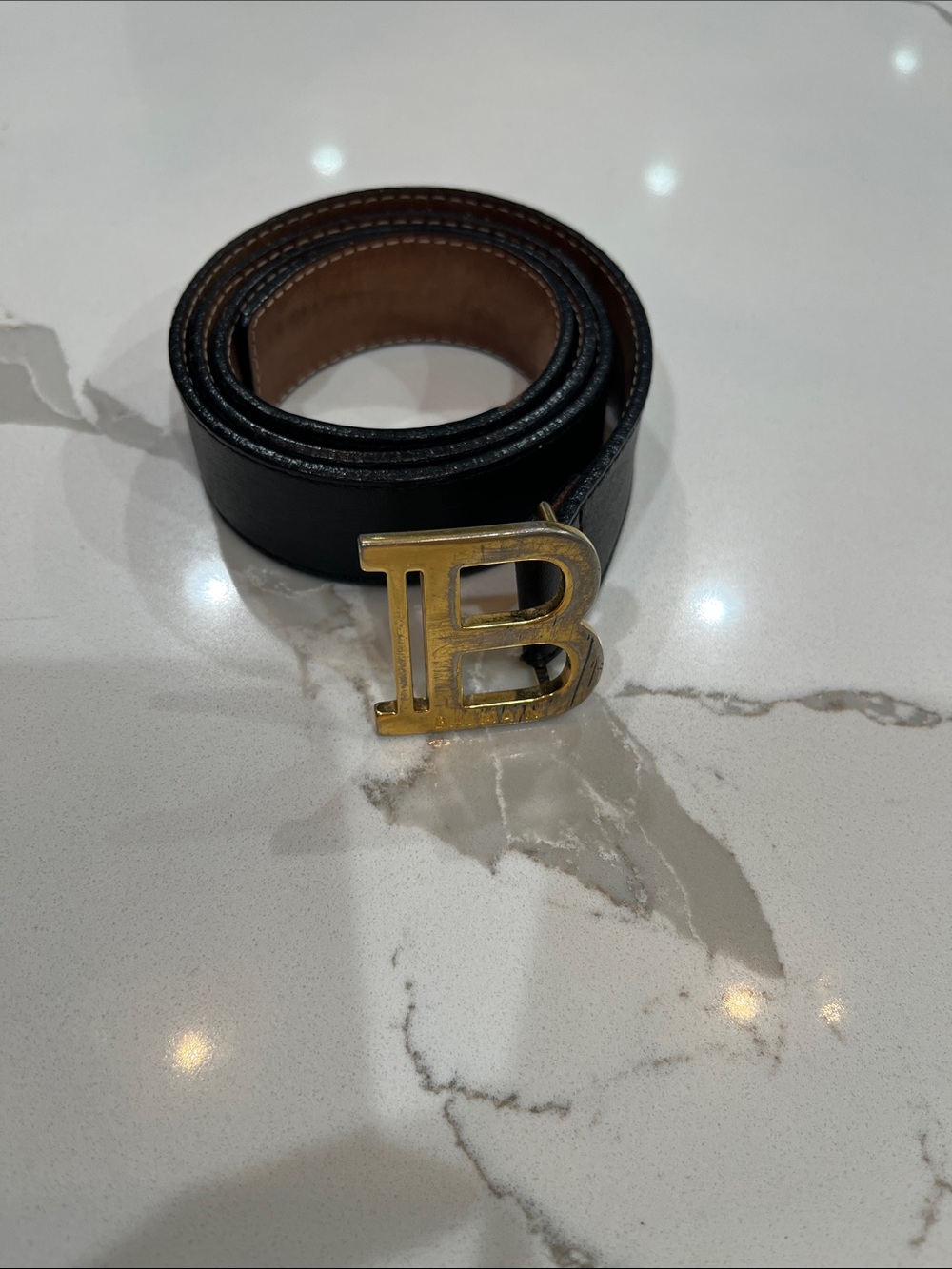Balmain Black Leather Belt with Gold B Buckle